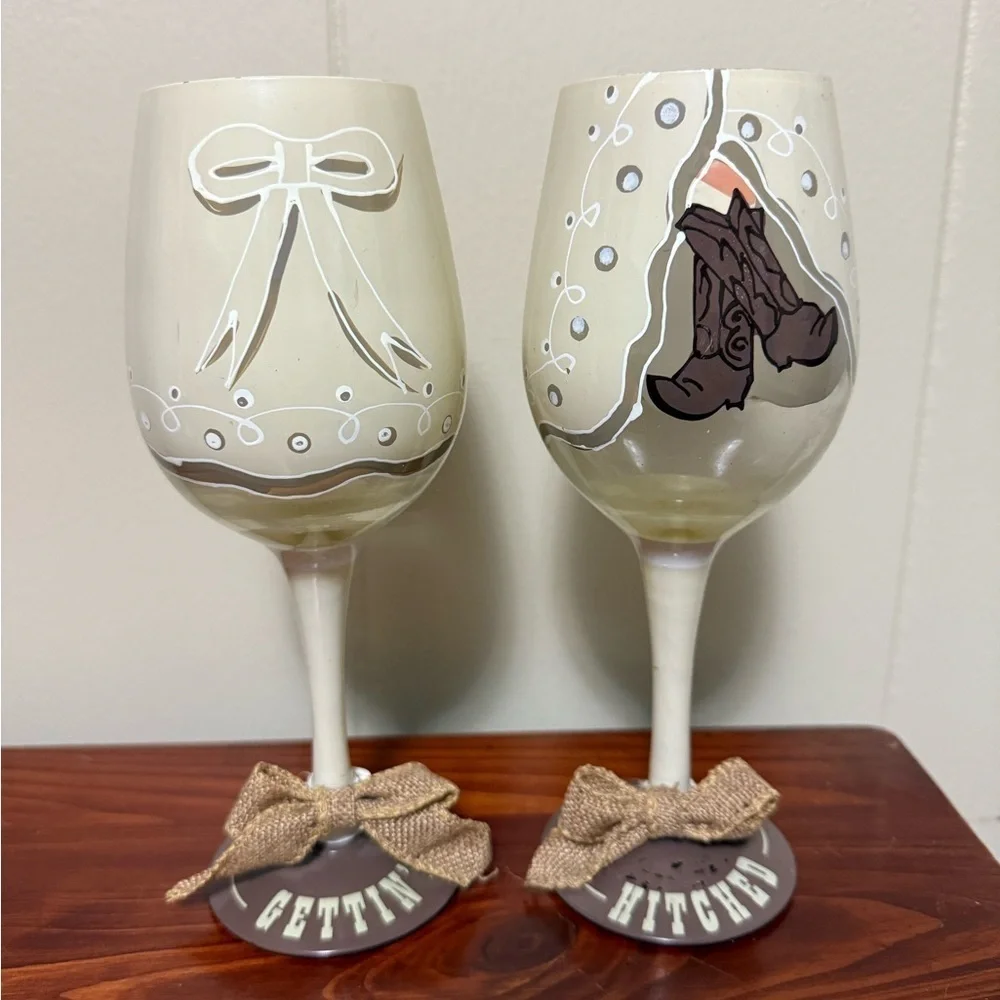 Gettin’ Hitched set of 2 Wine Glasses Wedding Gift Cowboy Boots Country Girl